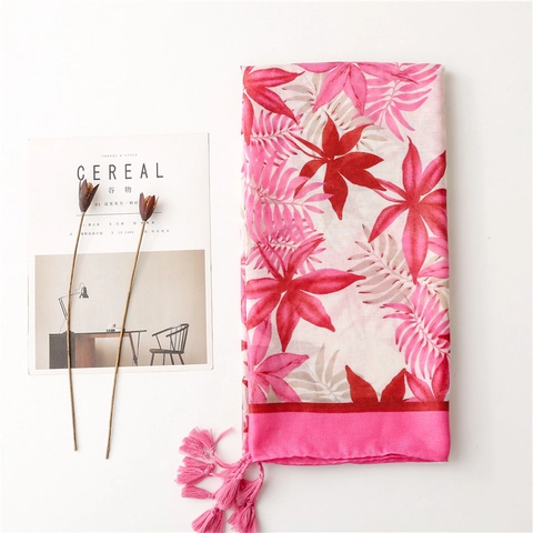 Floral Print Tassel Scarf For Women Lightweight Large Shawl Wrap For Beach Sun Protection Resort Style Polyester