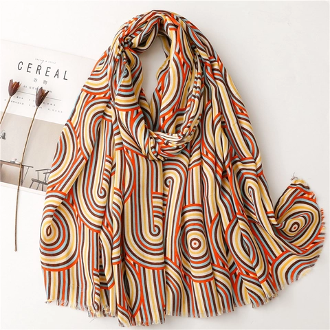 Abstract Geometric Print Scarf Colorful Concentric Circles Striped Long Shawl Soft Polyester Fringe Edge Retro Accessories For Women
