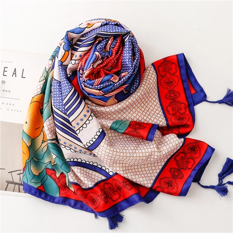 Ethnic Totem Print Polyester Satin Shawl Scarf With Tassels Summer Sun Protection Beach Wrap For Women Vintage Style