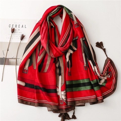Sciarpa In Raso Di Viscosa Da Donna Scialle Retro Con Stampa Fibbia Cintura A Ferro Di Cavallo Con Nappine Elegante