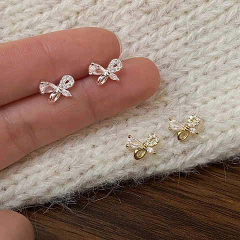 Pendientes De Botón Con Lazo Con Circonita Y Poste De Plata De Ley 925 Cobre Chapado Delicado Elegante Para Mujer