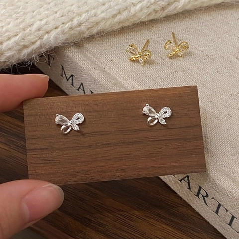 Pendientes De Botón Con Lazo Con Circonita Y Poste De Plata De Ley 925 Cobre Chapado Delicado Elegante Para Mujer