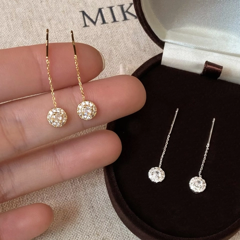 Pendientes Línea Oreja Halo Circonita Cobre Con Poste Plata Ley 925 Chapado Oro Borla Larga Elegante Mujeres