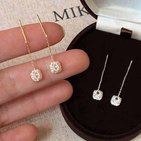 Pendientes De Cobre Con Cadena Larga Y Borla Con Poste De Plata Esterlina 925 Circonia Cúbica Cuadrada Elegantes