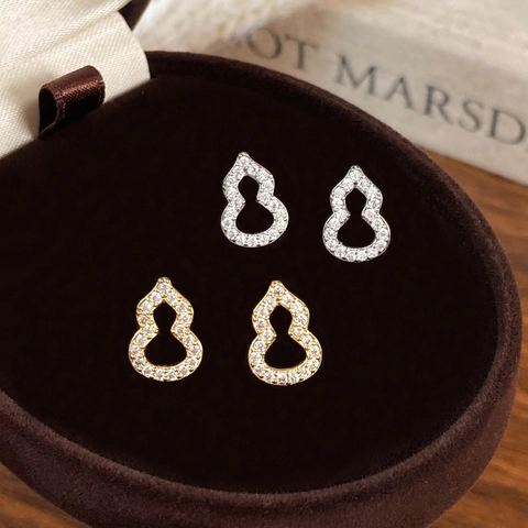 Gourd Stud Earrings Copper Rhinestone Inlaid Elegant Luxury Oriental Style For Women With 925 Sterling Silver Earring Post