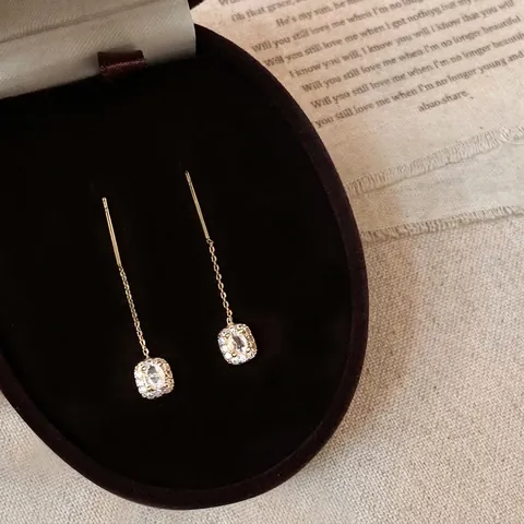 Pendientes De Cobre Con Cadena Larga Y Borla Con Poste De Plata Esterlina 925 Circonia Cúbica Cuadrada Elegantes
