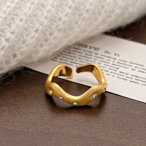 Anillo De Cobre Ondulado Para Mujer Ajustable Abierto Mate Cepillado Oro Plata Chapado Circonita Minimalista Moda