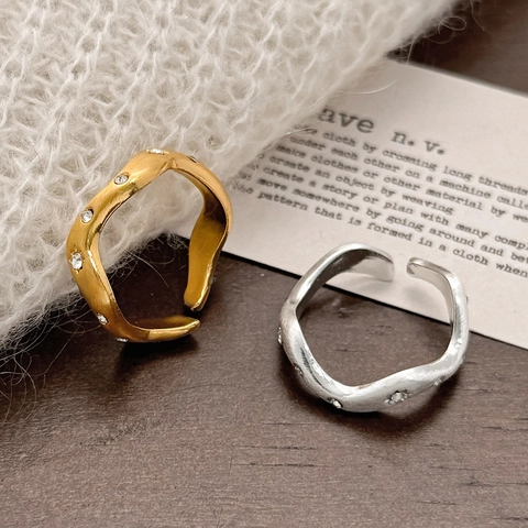 Anillo De Cobre Ondulado Para Mujer Ajustable Abierto Mate Cepillado Oro Plata Chapado Circonita Minimalista Moda