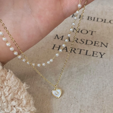 Lagenhalskette Mit Herz Muschel Anhänger Und Imitationsperlen Kupfer Vergoldet Eleganter Schmuck Für Damen