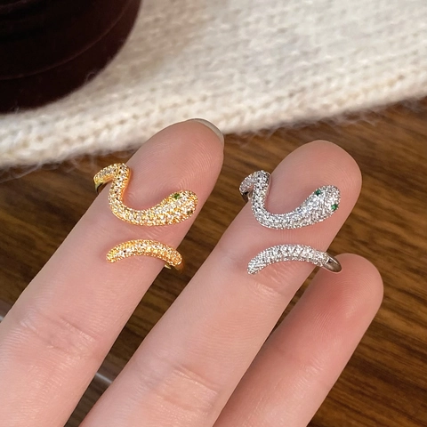 Anillo Serpiente Micro Incrustado Circón Cobre Chapado En Oro Ajustable Abierto Joyería Para Mujeres