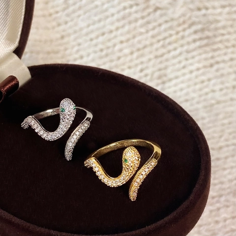 Anillo Serpiente Micro Incrustado Circón Cobre Chapado En Oro Ajustable Abierto Joyería Para Mujeres