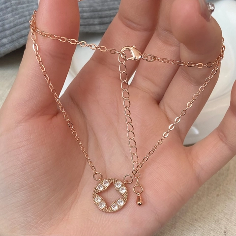 Collana Con Pendente a Stella Rotonda in Rame Placcato Oro Rosa Vintage Con Zirconia Cubica Gioielli Geometrici Per Donna Appuntamento Quotidiano Accessorio Moda