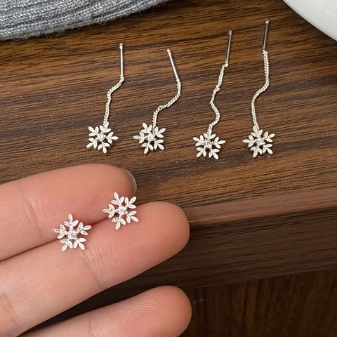 Snowflake Stud Earrings And Long Ear Threads With 925 Sterling Silver Earring Post Zircon Inlaid Elegant Winter Jewelry