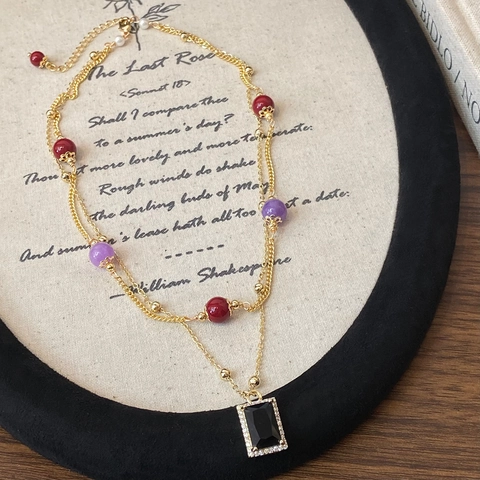 Collana A Doppio Strato Rame Placcato Oro Pendente Cristallo Rettangolo Nero Perle Rosse Viola Vintage Francese Donne