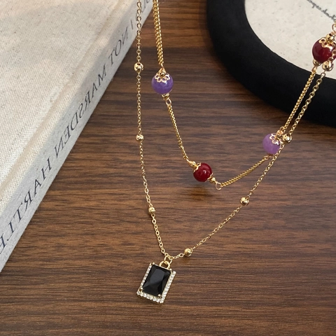 Collana A Doppio Strato Rame Placcato Oro Pendente Cristallo Rettangolo Nero Perle Rosse Viola Vintage Francese Donne