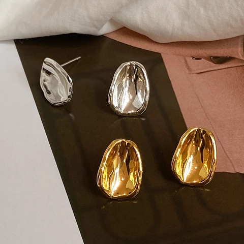 Irregular Concave Oval Stud Earrings Copper Gold Silver Plated Lava Texture Minimalist Organic Fashion For Women