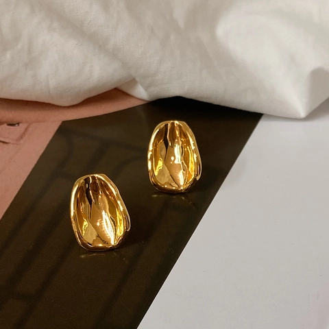 Irregular Concave Oval Stud Earrings Copper Gold Silver Plated Lava Texture Minimalist Organic Fashion For Women