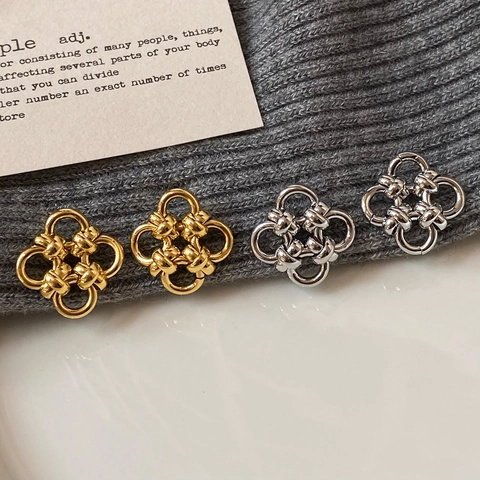 Copper Stud Earrings Hollow Flower Geometric Knot Four Leaf Clover Plated Retro Elegant Simple Style Jewelry For Women