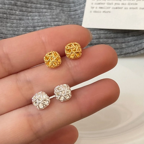 Geometrische Oorknopjes Holle Geweven Textuur Verguld Koper Rond Vierkant Minimalistische Sieraden Voor Dames