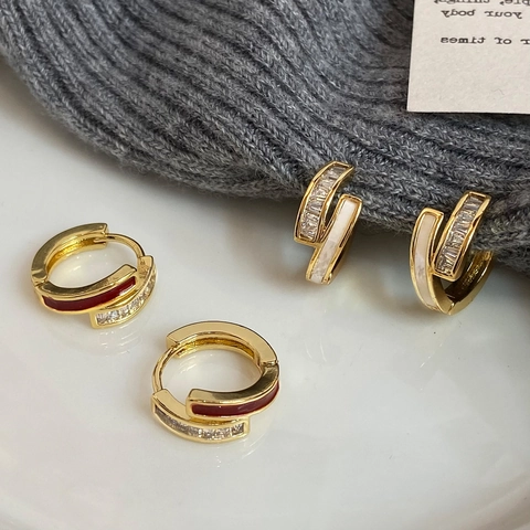 Geometric Hoop Earrings Gold Plated Copper Zircon Enamel Shell Inlay Minimalist Jewelry For Women