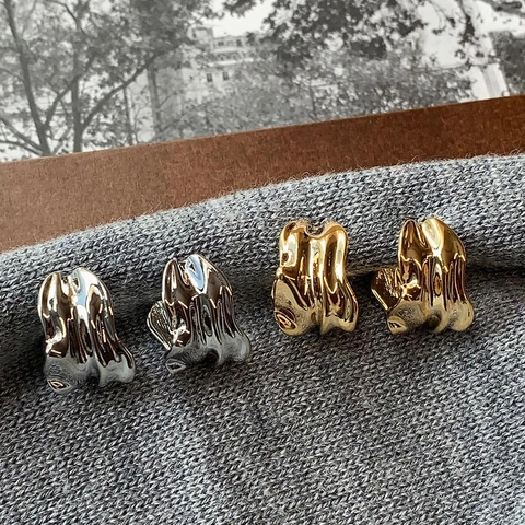 Orecchini A Lobo Geometrici Irregolari A C Rame Placcato Oro 18K Trama Metallo Fuso Gioielli Minimalisti Donna