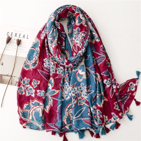 Grande Sciarpa Scialle Con Stampa Floreale Poliestere Morbido Tocco Cotone Boho Vintage Nappine Protezione Solare Donna