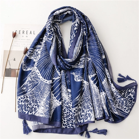 Women Long Scarf Shawl Polyester Satin Like Ethnic Floral Print Beach Sun Protection With Tassels Summer Wrap