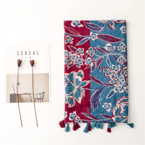 Grande Sciarpa Scialle Con Stampa Floreale Poliestere Morbido Tocco Cotone Boho Vintage Nappine Protezione Solare Donna