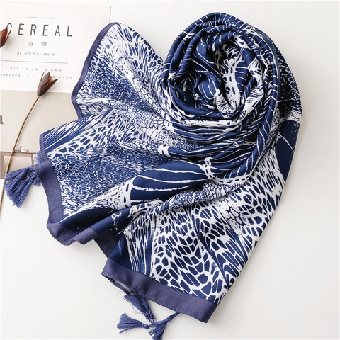 Women Long Scarf Shawl Polyester Satin Like Ethnic Floral Print Beach Sun Protection With Tassels Summer Wrap