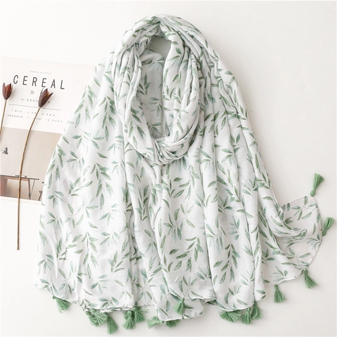Women Elegant Leaf Print Scarf Shawl Lightweight Cotton Linen Feel Polyester Long Wrap With Tassels Simple Style