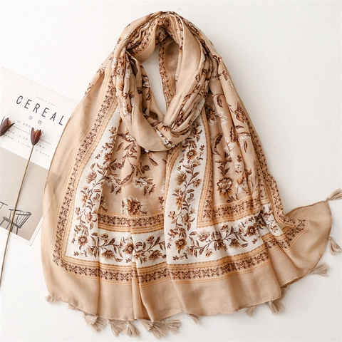 Écharpe Femme Grande Fleurie Toucher Coton-Lin Polyester Châle Avec Glands Élégant Protection Solaire