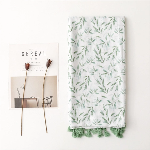 Women Elegant Leaf Print Scarf Shawl Lightweight Cotton Linen Feel Polyester Long Wrap With Tassels Simple Style