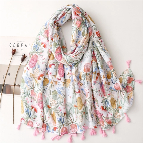 Sciarpa Con Nappine E Stampa Floreale Donna Leggera Dolce Stile Giapponese Scialle Protezione Solare Per Estate Primavera