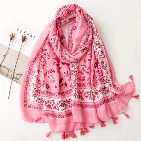 Écharpe Femme Grande Fleurie Toucher Coton-Lin Polyester Châle Avec Glands Élégant Protection Solaire