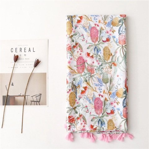 Sciarpa Con Nappine E Stampa Floreale Donna Leggera Dolce Stile Giapponese Scialle Protezione Solare Per Estate Primavera