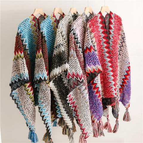 Poncho In Maglia Bohemien Sciarpa Multi Colore Motivo Zigzag Con Nappe Stile Etnico Mantella Da Viaggio Per Donne