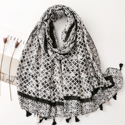Women's Elegant Scarf Shawl French Style Cross Star Printed Polyester Satin Cotton Blend Soft Large Wraps With Tassels