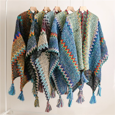 Poncho In Maglia Bohemien Sciarpa Multi Colore Motivo Zigzag Con Nappe Stile Etnico Mantella Da Viaggio Per Donne