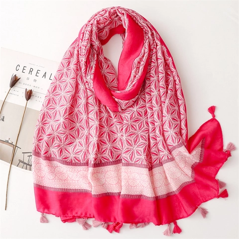 Sciarpa Scialle Stampa Floreale Geometrica Con Nappine Leggero Poliestere Cotone Protezione Solare Boho Etnico Da Donna