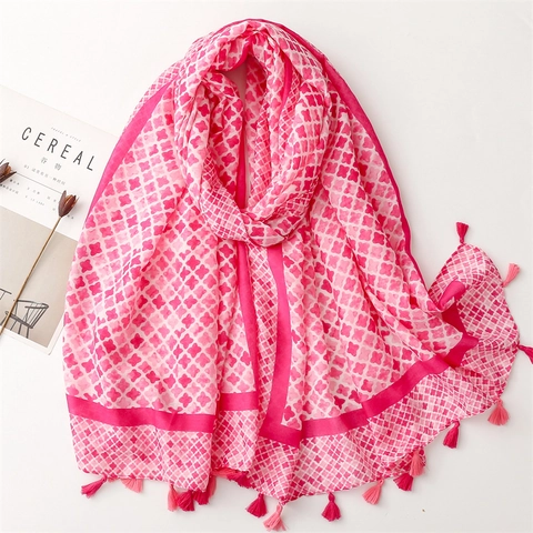 Women's Elegant Scarf Shawl French Style Cross Star Printed Polyester Satin Cotton Blend Soft Large Wraps With Tassels