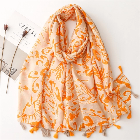 Bufanda de Mujer con Estampado Floral Bohemio Chal Ligero con Borlas Tacto de Algodón Protección Solar para Playa Viaje Verano