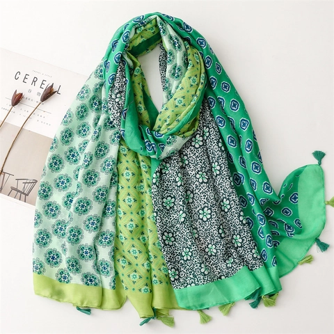 Sciarpa Scialle Stampa Floreale Leggero Poliere Nappa Boho Vintage Patchwork Per Donne