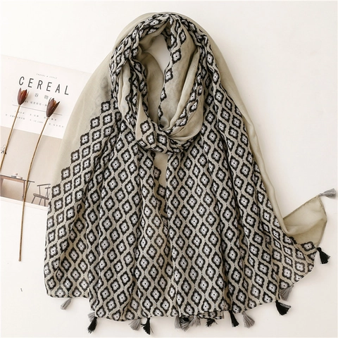 Retro Ethnic Geometric Printed Scarf Voile Polyester Sunscreen Shawl With Tassels Travel Beach Wrap For Women