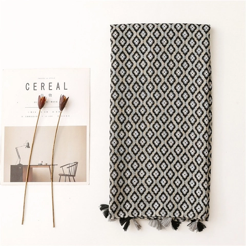 Retro Ethnic Geometric Printed Scarf Voile Polyester Sunscreen Shawl With Tassels Travel Beach Wrap For Women