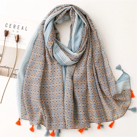Geometric Diamond Pattern Scarf Shawl For Women Lightweight Polyester Voile Sun Protection Retro Ethnic Style Tassels