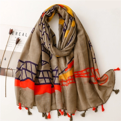 Women Long Scarf Voile Hand Painted Map Khaki Fringe Soft Shawl Wrap Lightweight Fashion Accessory