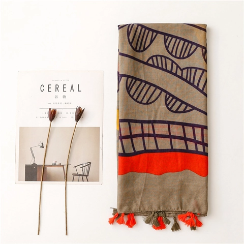 Women Long Scarf Voile Hand Painted Map Khaki Fringe Soft Shawl Wrap Lightweight Fashion Accessory