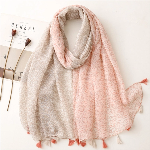 Women Floral Print Scarf Shawl Lightweight Polyester Voile Sun Protection Tassel Fresh Sweet Color Block Wrap Pashmina