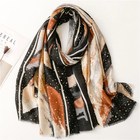 Women Abstract Art Print Scarf Polyester Gold Foil Stamping Long Shawl Warm Soft Fashion Pashmina Accessory