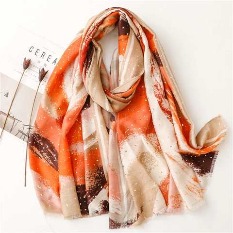 Women Abstract Art Print Scarf Polyester Gold Foil Stamping Long Shawl Warm Soft Fashion Pashmina Accessory